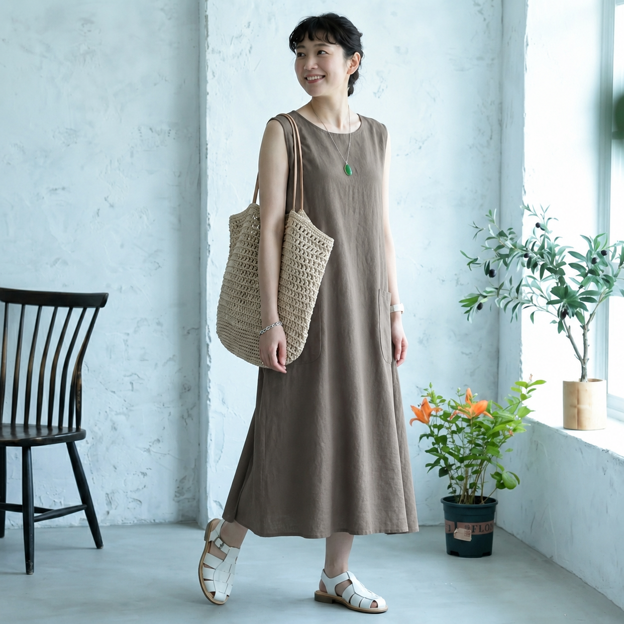 M-XL ファッション ラウンドネック 無地 Aライン ワンピース