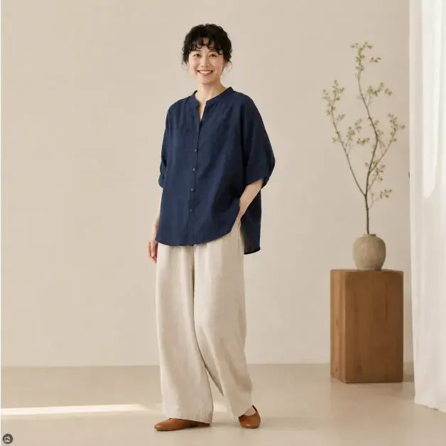 【綿麻】ゆったり シングルボタン 体型カバー 大人カジュアル レディース 半袖Tシャツ