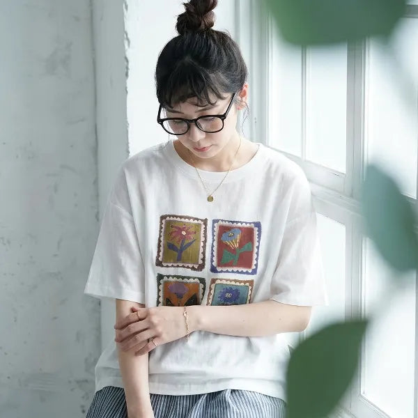 M-2XL 花模様 プリント ノーマルスリーブ 半袖 ラウンドネック カジュアル Tシャツ