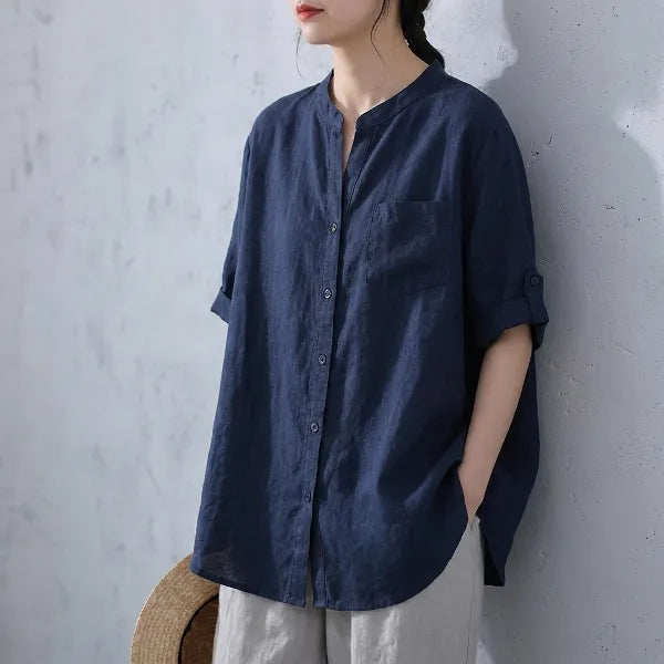 【綿麻】ゆったり シングルボタン 体型カバー 大人カジュアル レディース 半袖Tシャツ