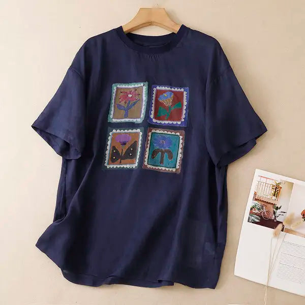 M-2XL 花模様 プリント ノーマルスリーブ 半袖 ラウンドネック カジュアル Tシャツ