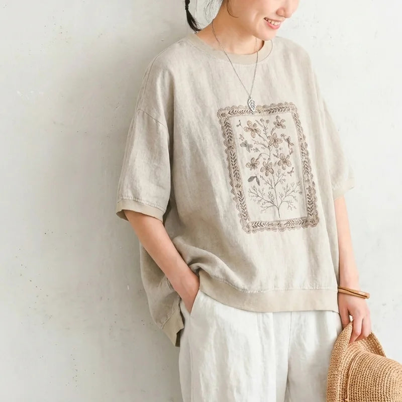 M-2XL ナチュラル プリント コットン混 半袖Tシャツ 体型カバー ルーズ