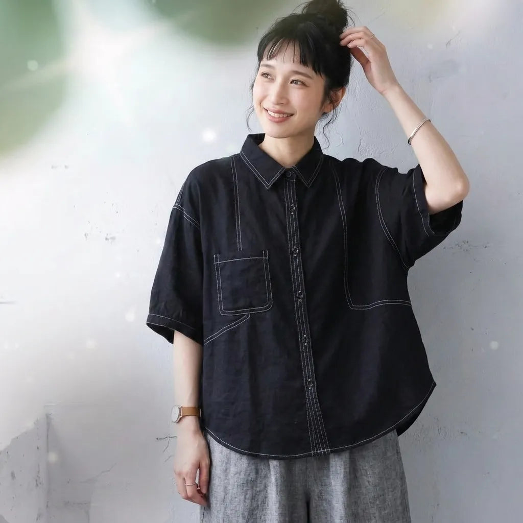デザイン性あり 5 分袖ゆるカジュアルシャツ