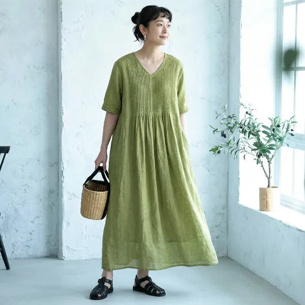 【リネン】M-2XL 袖あり！Vネック 五分袖 Aライン なみなみタック 着心地が良い ワンピース