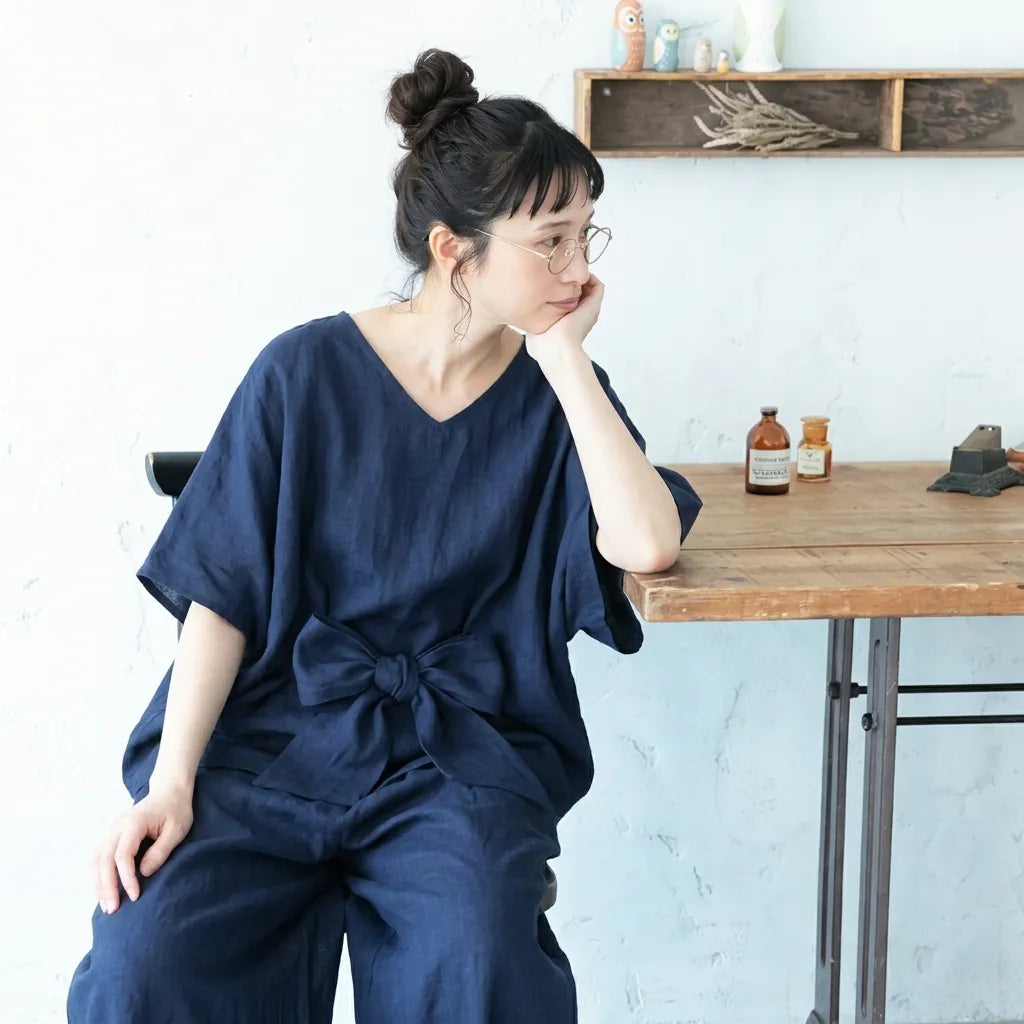 【2点セット】背スリットボタン V 半袖トップス リボンパンツ