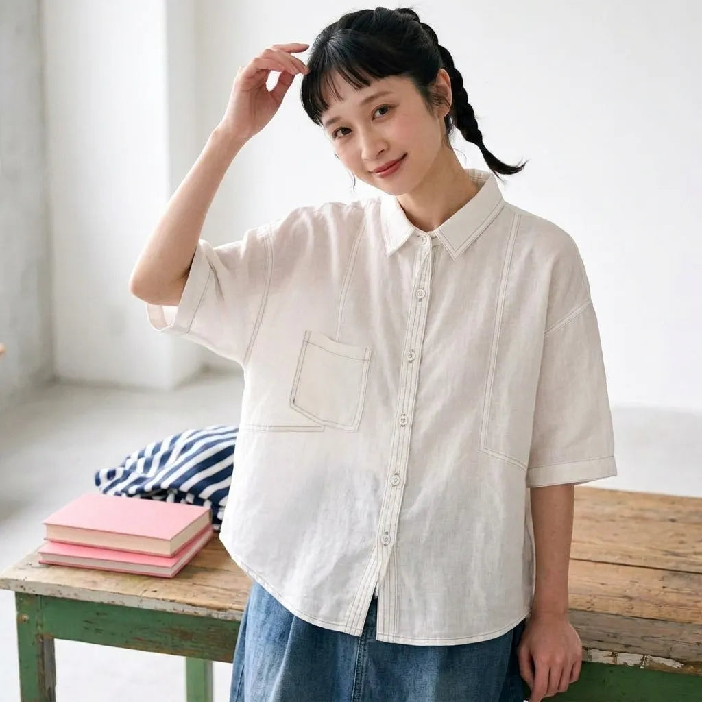 デザイン性あり 5 分袖ゆるカジュアルシャツ
