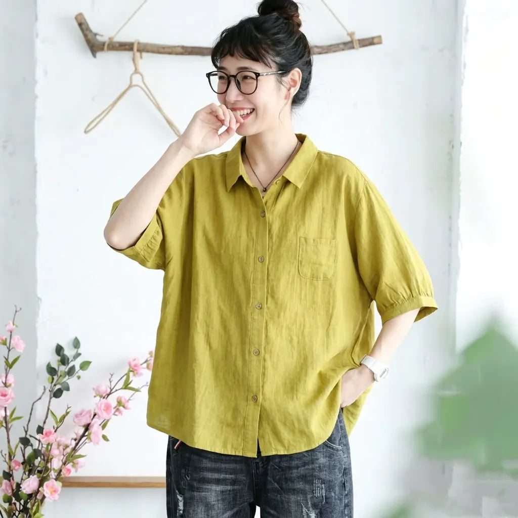 S-3XL コットン 五分袖 無地 ノーマルスリーブ ボタン 森ガール シャツ
