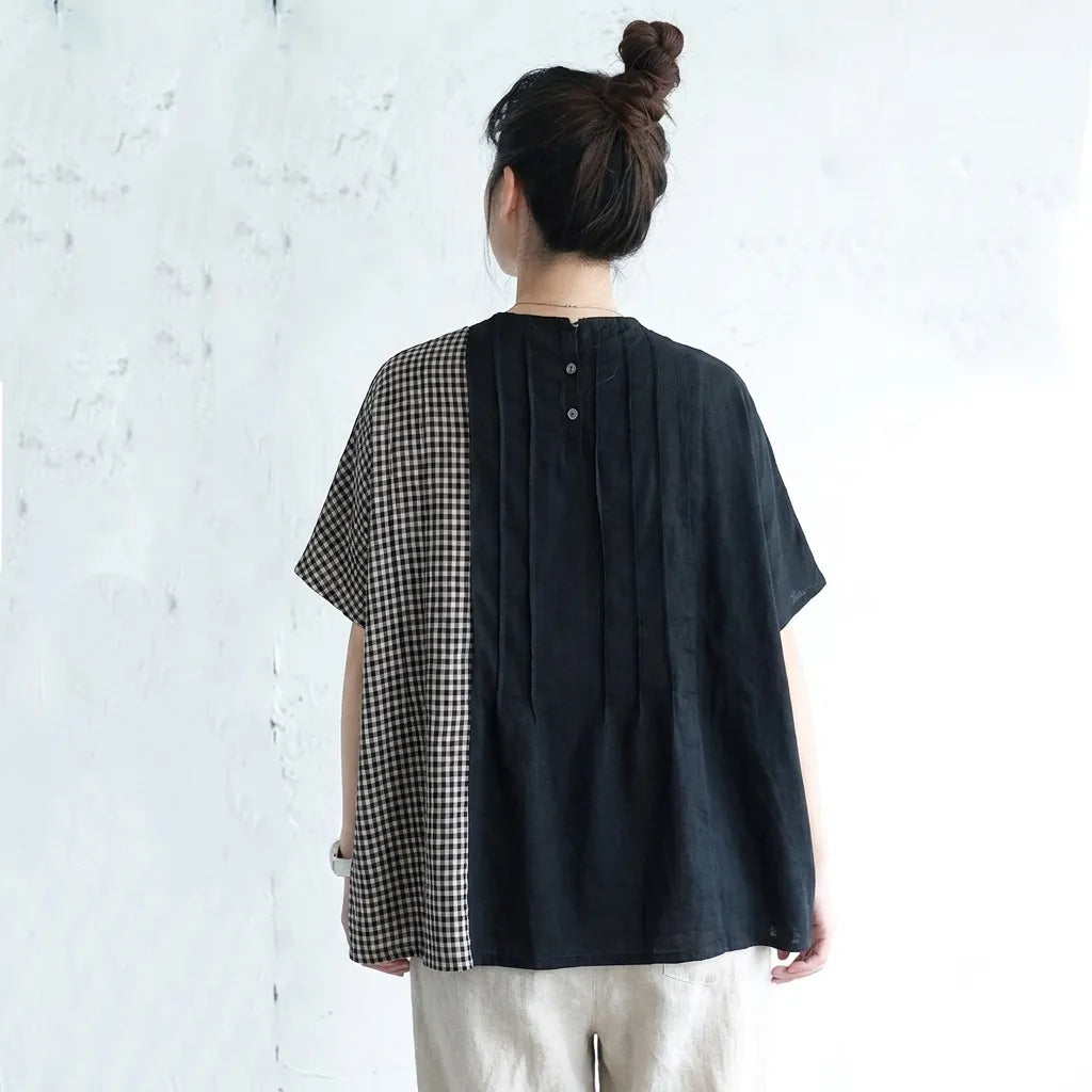 M-XL 綿麻 チェック柄 プリーツ 切り替え Tシャツ