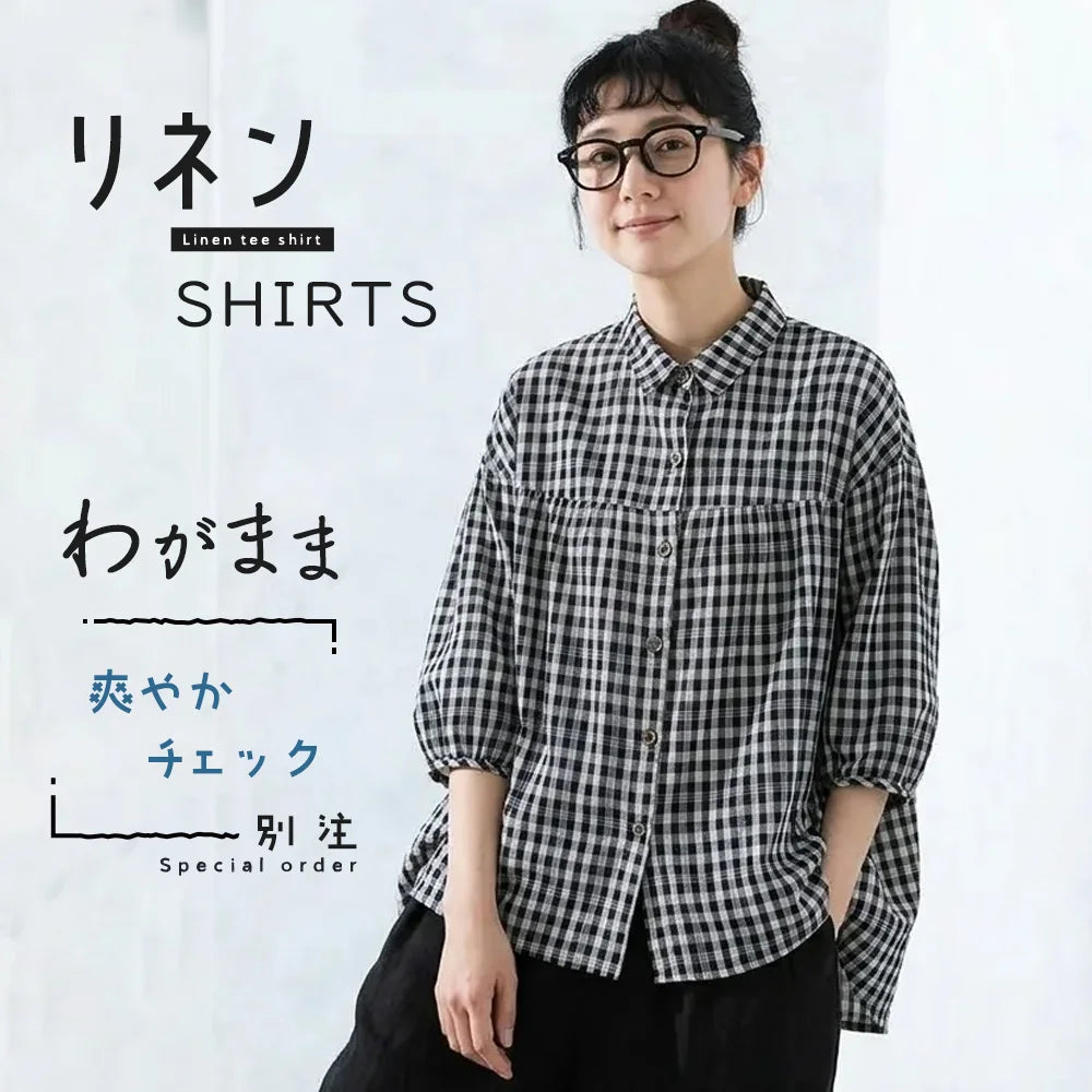 薄手綿麻素材大きめサイズ通勤チェックシャツ チェック柄