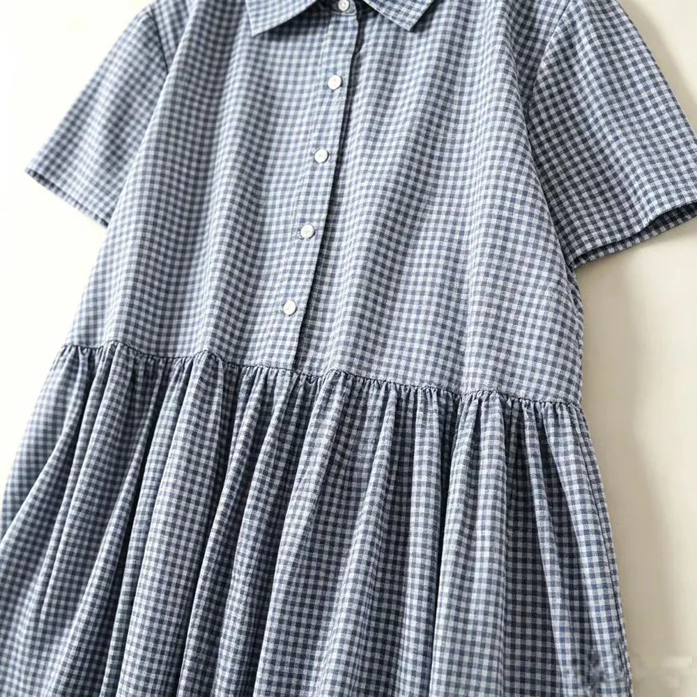 M-2XL 綿麻 POLOネック チェック柄 | デイリー ワンピース