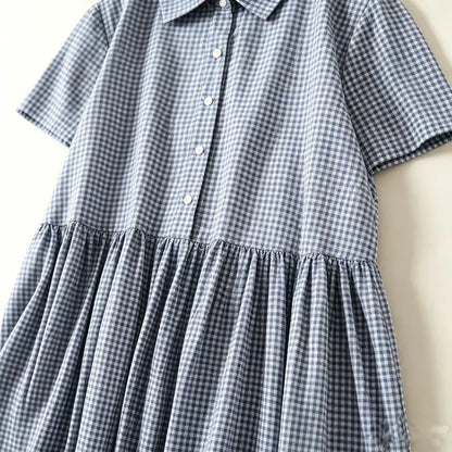 M-2XL 綿麻 POLOネック チェック柄 | デイリー ワンピース