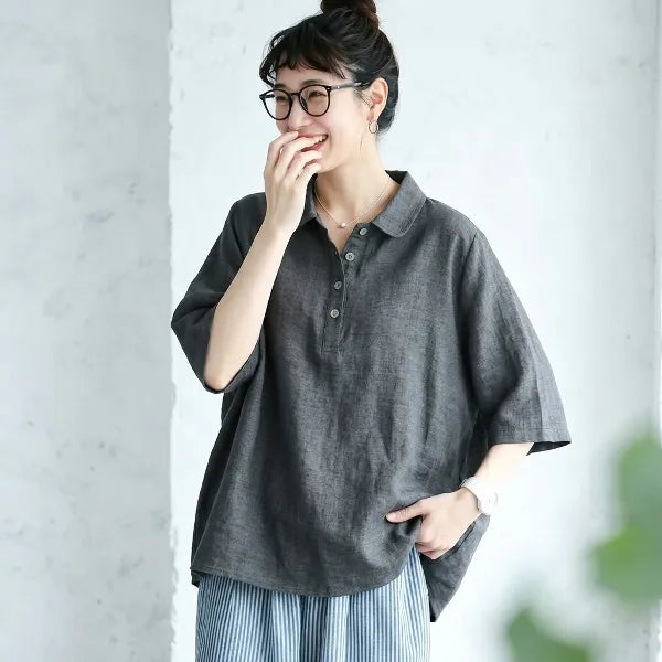 【Ｍ-2XL】リネン生地 綿麻 POLOネック ボタン半開き | 通勤 シャツ