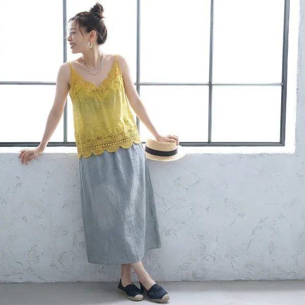 M-2XL 綿麻 レース 透かし彫り 刺繍 レトロ タンクトップ/キャミソール