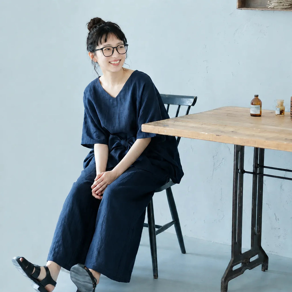 S-L 半袖 無地 スリット ノーマルスリーブ ロング丈 シャツ+カジュアルパンツ