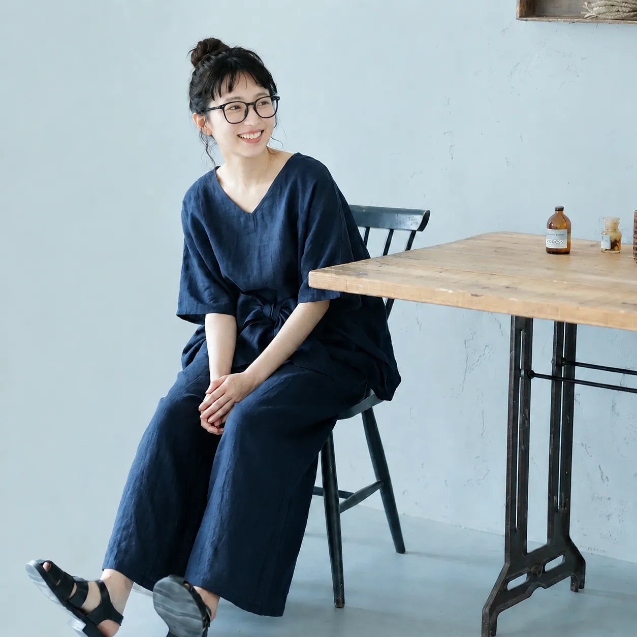 S-L 半袖 無地 スリット ノーマルスリーブ ロング丈 シャツ+カジュアルパンツ