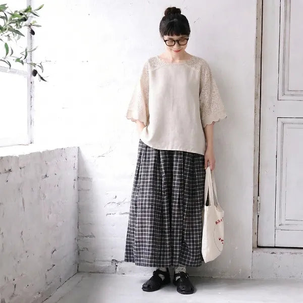 S-L 綿麻 カットワーク フレアスリーブ 半袖 無地 切り替え シンプル Tシャツ