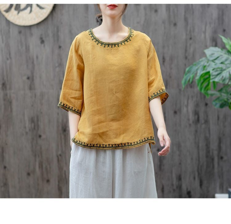 M-3XL 綿麻 ナチュラル 肌触り柔らかい 五分袖 刺繍 無地 毎日使える Tシャツ