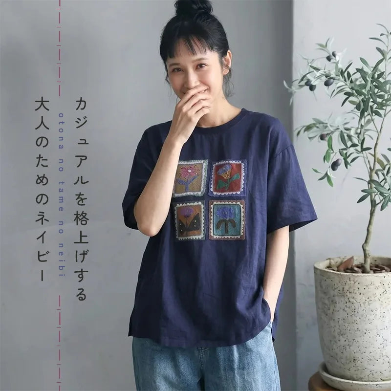 ルーズな雰囲気細見え半袖プルオーバーTシャツ
