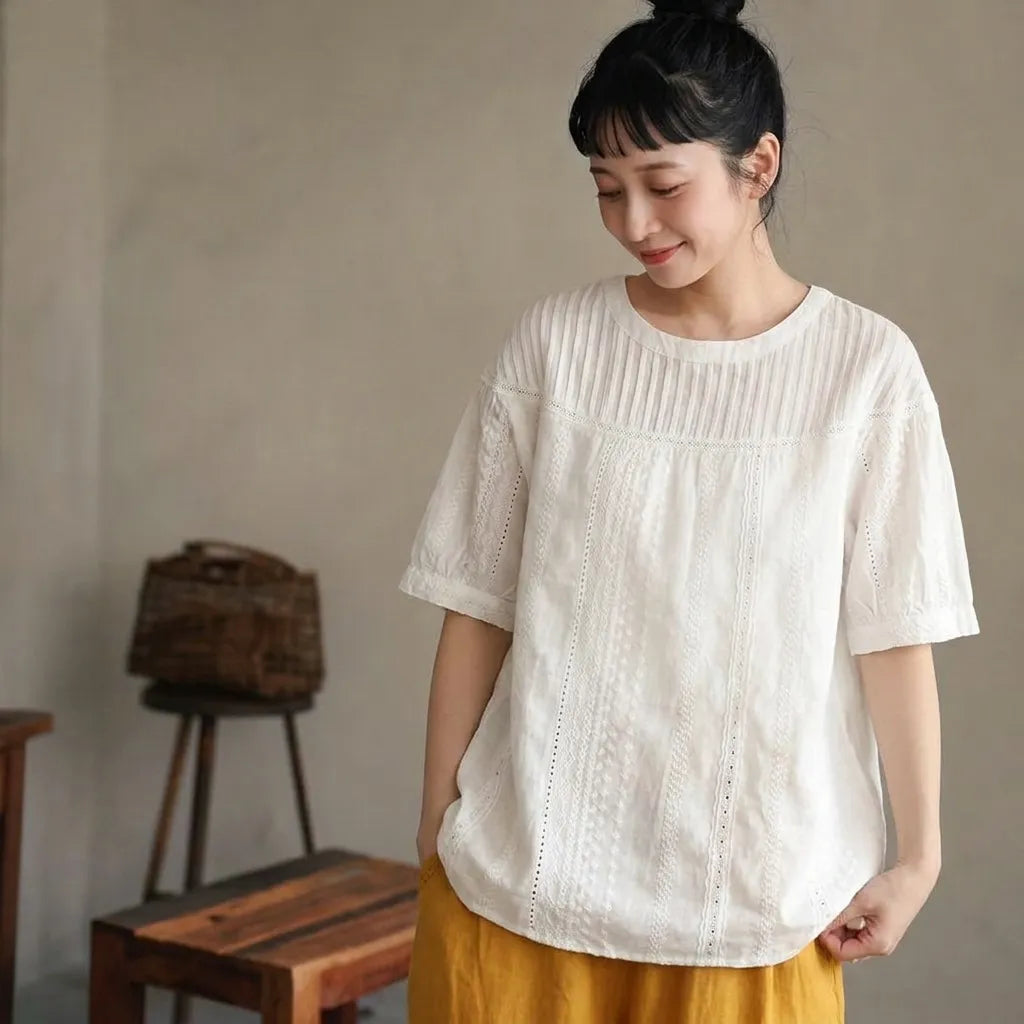ヴィンテージ甘めデザイン前開きなし襟付きTシャツ