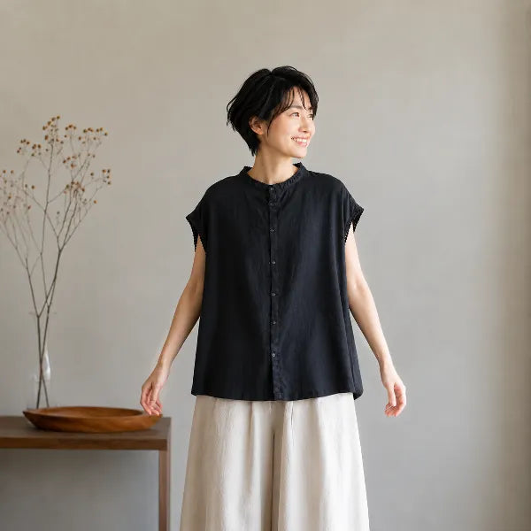 M~2XL 綿麻 スタンドネック 切り替え 無地 デイリー 体型をカバー カジュアル シャツ