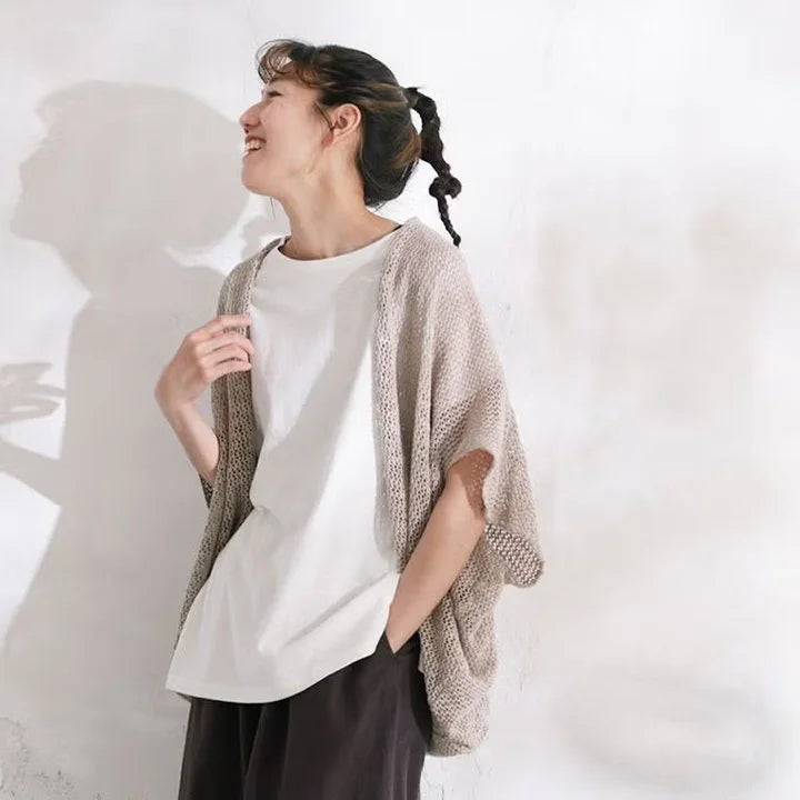リネン混 ルーズ ナチュラル 透かし編みカーディガン