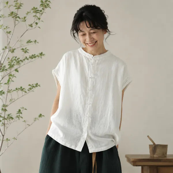 M~2XL 綿麻 スタンドネック 切り替え 無地 デイリー 体型をカバー カジュアル シャツ