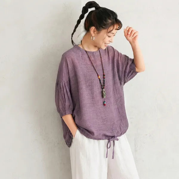 【ラクに着られる】S-4XL 綿麻 大人ナチュラル 心地よい 五分袖 ドルマンスリーブ Tシャツ