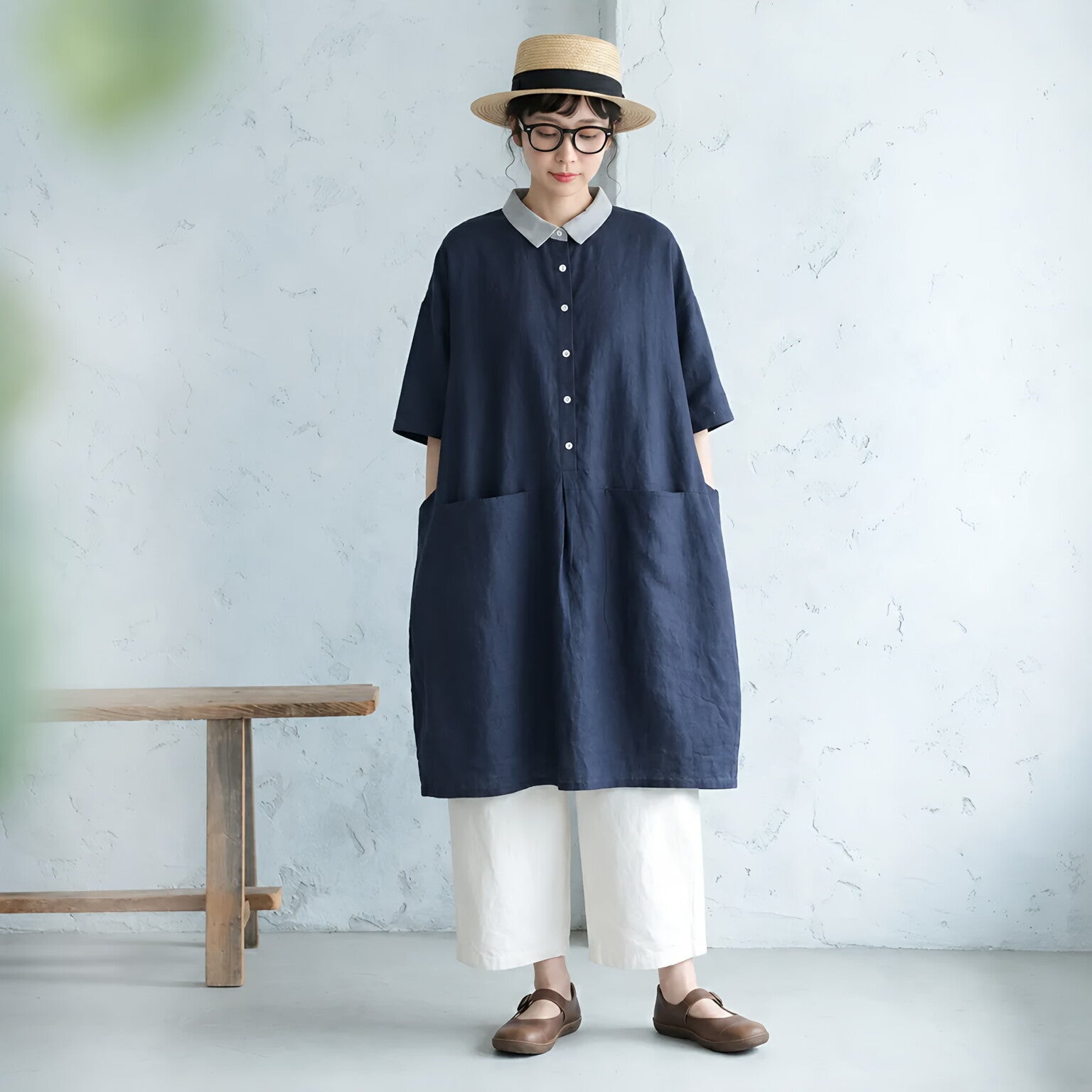M-2XL 綿麻 ボタン 配色 切り替え 五分袖 シンプル カジュアルワンピース