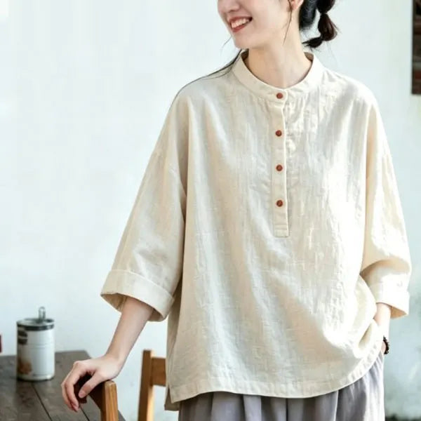 M~3XL レトロ コットン リネン 立襟 プルオーバー 長袖シャツ
