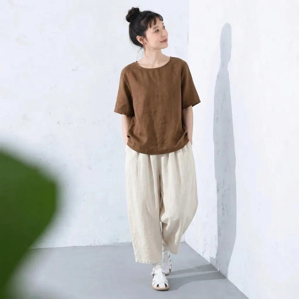 【2点セット】クルーネック綿麻半袖トップ×サルエルパンツ