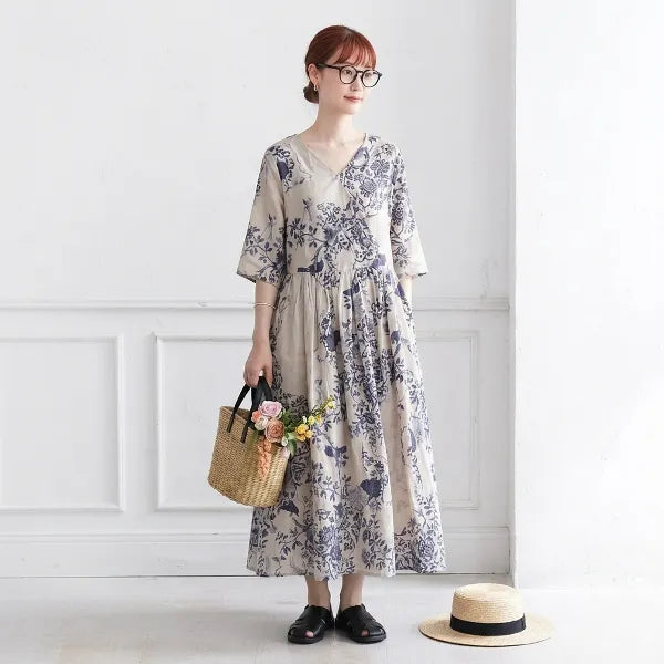 M~2XL ラミー Vネック プリント 七分袖 脚長効果 デイリー ワンピース