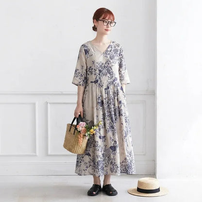 M~2XL ラミー Vネック プリント 七分袖 脚長効果 デイリー ワンピース