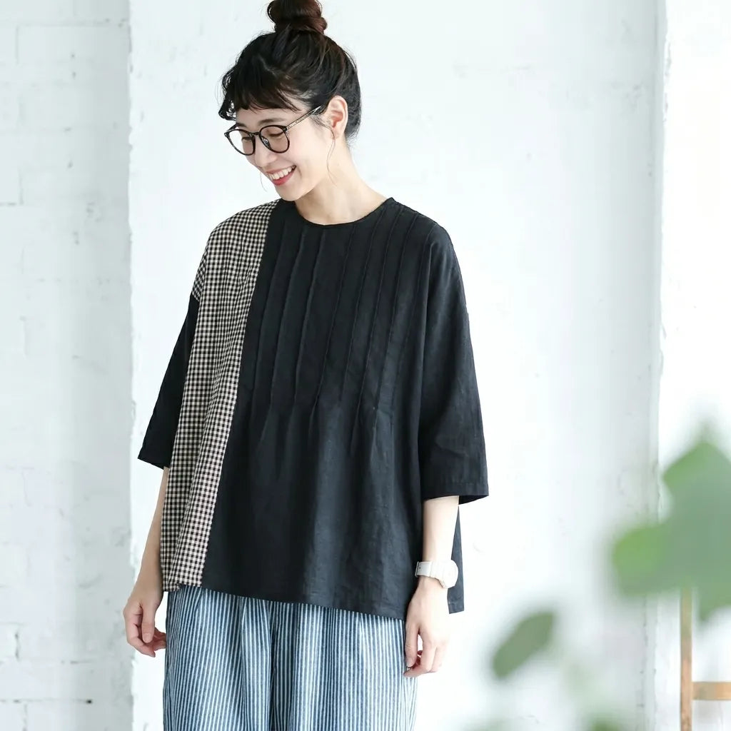 M-XL 綿麻 チェック柄 プリーツ 切り替え Tシャツ