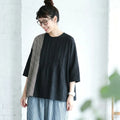 M-XL 綿麻 チェック柄 プリーツ 切り替え Tシャツ