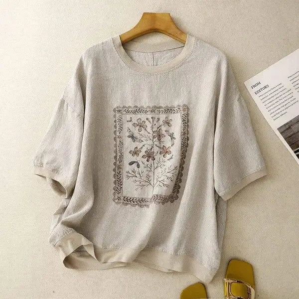 M-2XL ナチュラル プリント コットン混 半袖Tシャツ 体型カバー ルーズ