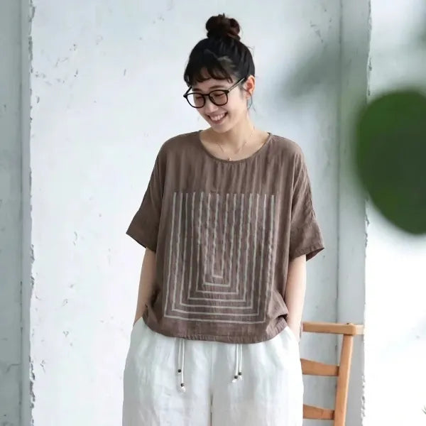 M-2XL ダブルガーゼ ラウンドネック 半袖 プリント ノーマルスリーブ 森ガール Tシャツ