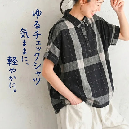 M-2XL チェック柄 折り襟 半袖 ボタン シャツ