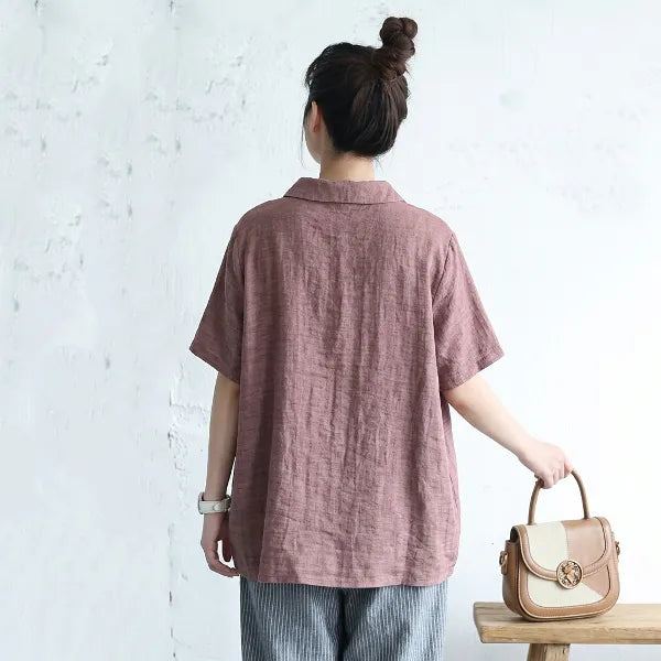 【Ｍ-2XL】リネン生地 綿麻 POLOネック ボタン半開き | 通勤 シャツ