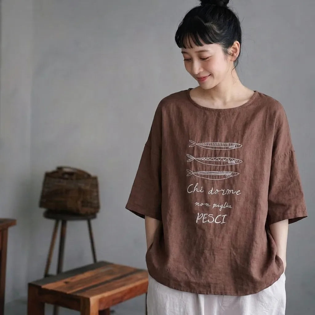 宵闇の屋上で星屑を数える、リネン混プルオーバー Tシャツ
