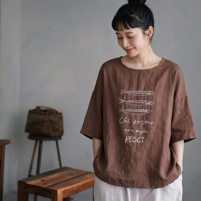 宵闇の屋上で星屑を数える、リネン混プルオーバー Tシャツ