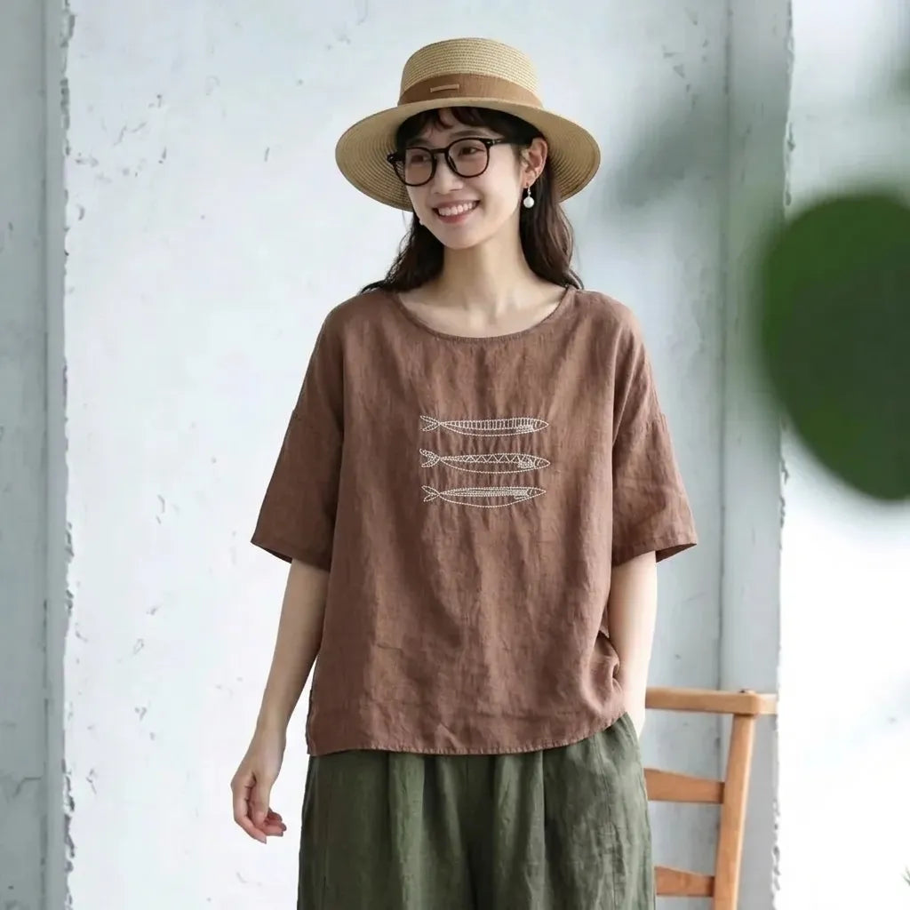 フリーサイズ リネン ラウンドネック プリント 半袖 レトロ Tシャツ